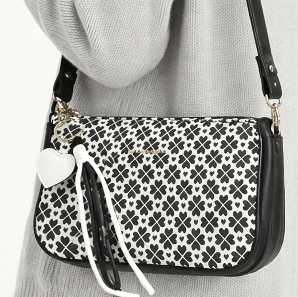 NWT Nanette Lepore Y2K Shoulder Bag Black White Heart Geo Print bag charm